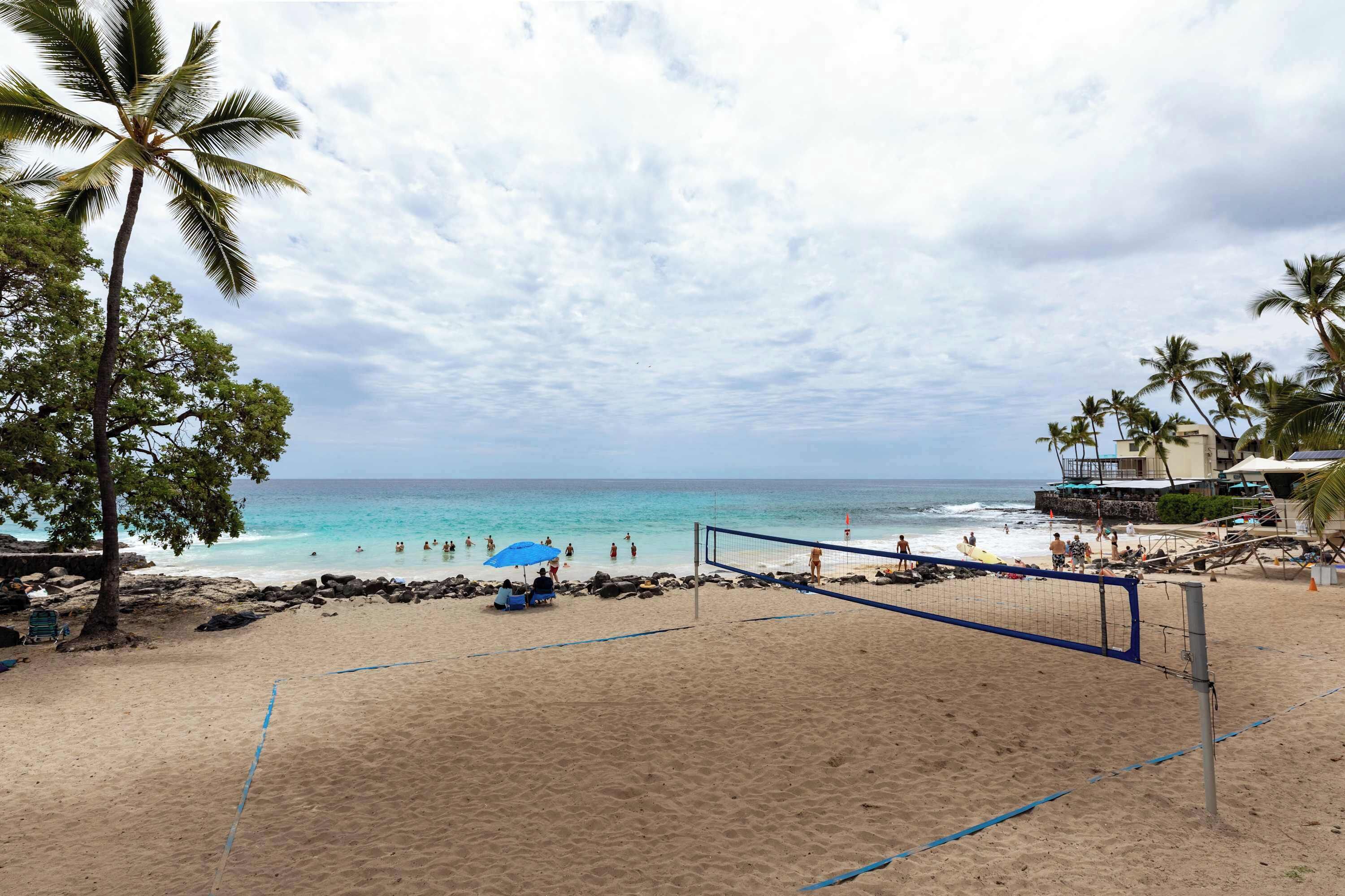 Uma quadra de voleibol de praia, uma rede, palmeiras e vista para o oceano.