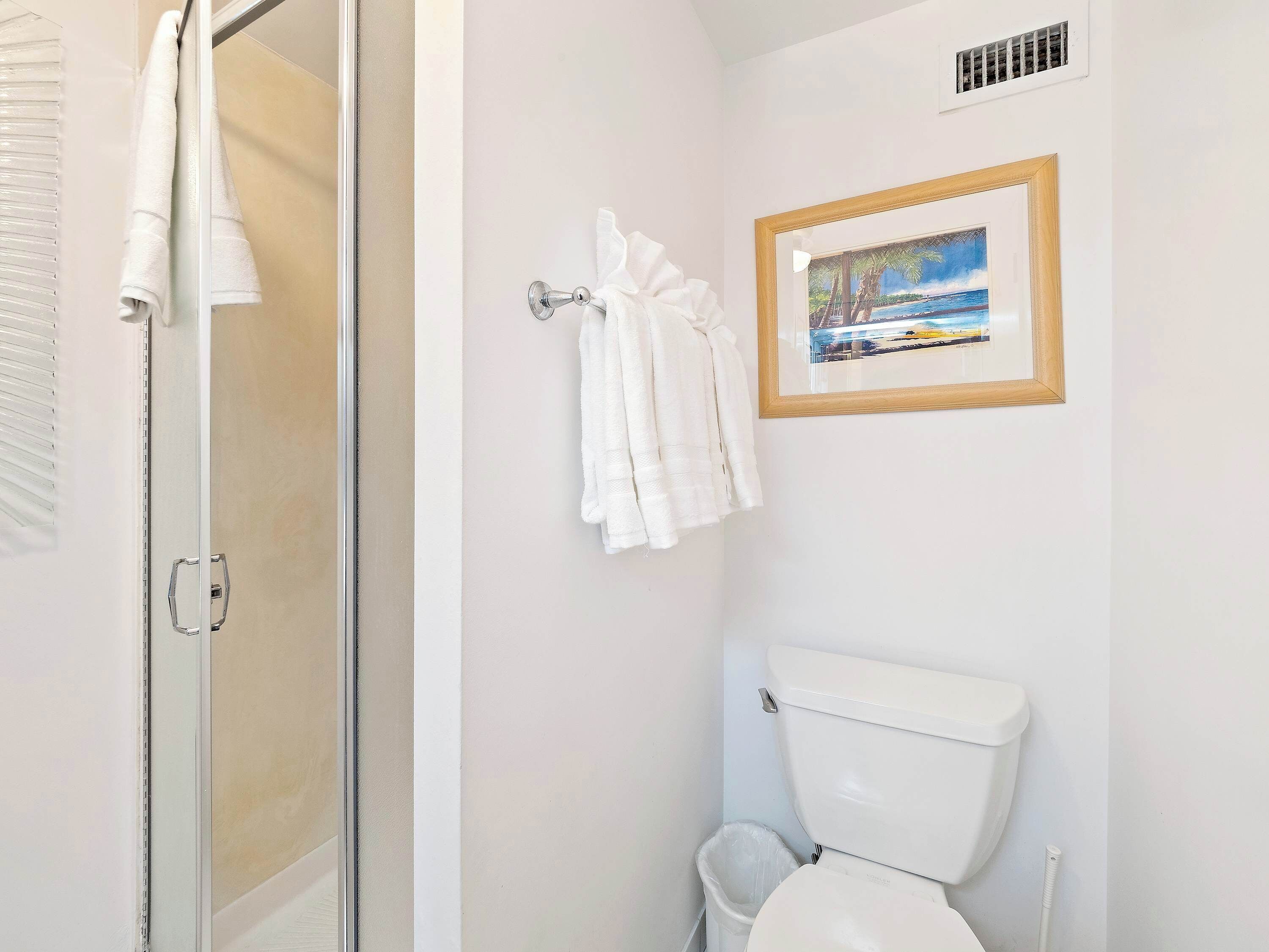 Un baño con mampara de vidrio, inodoro y un cuadro en la pared.