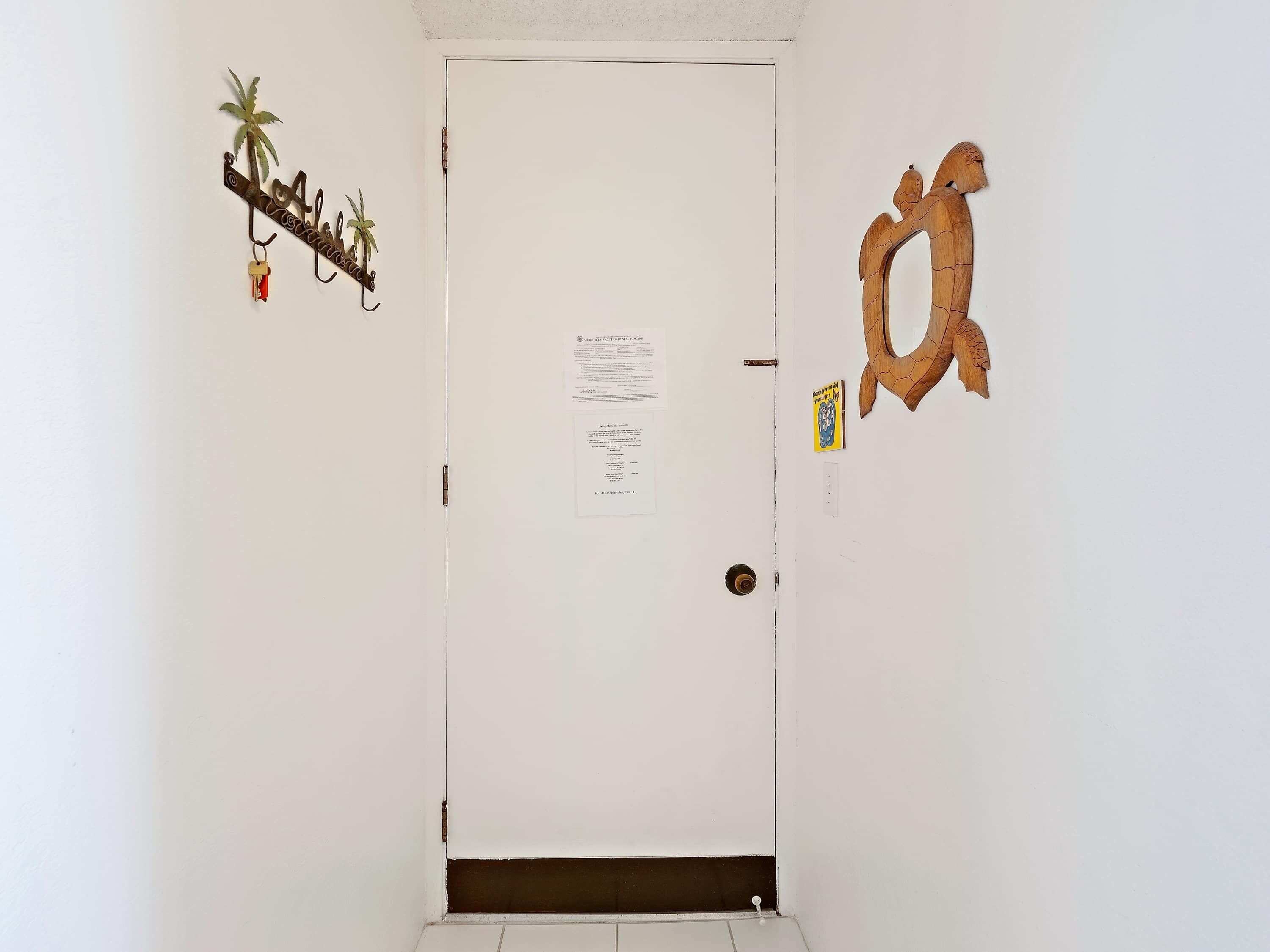 Une porte blanche avec une petite fenêtre, un élément décoratif mural en bois et un élément décoratif mural en métal représentant un palmier.