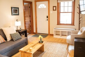 Smart TV, fireplace, books