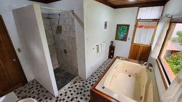 Douche, sèche-cheveux, serviettes fournies, savon