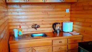 Een houten keukentje in een chalet, met een spoelbak, waterkoker, een rol keukenpapier en een fles afwasmiddel.