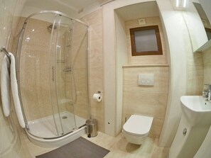 Shower, hair dryer, towels