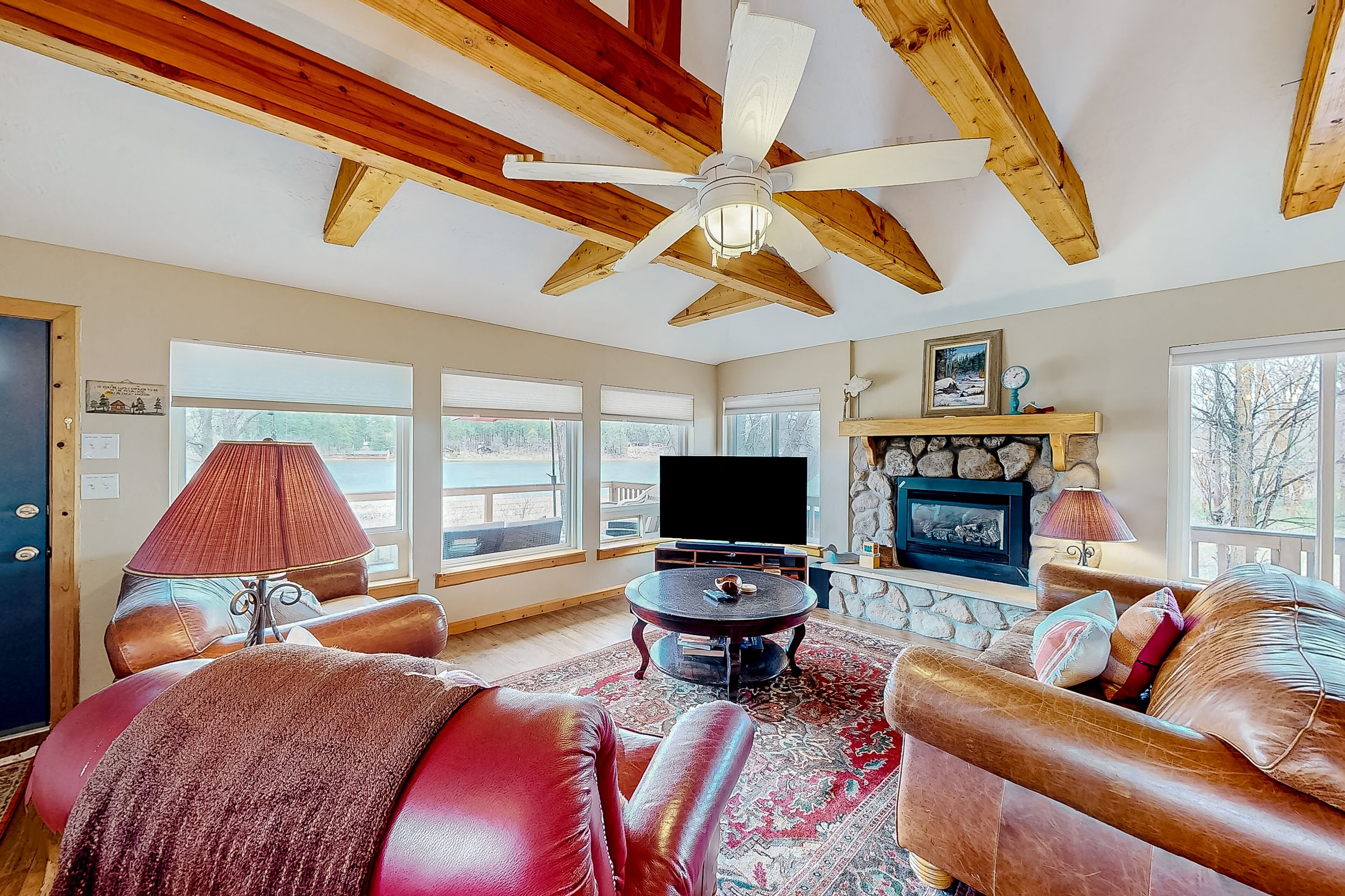 Télévision, cheminée, lecteur de DVD, livres