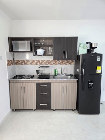 Refrigerador con freezer, microondas, horno, placa de cocina