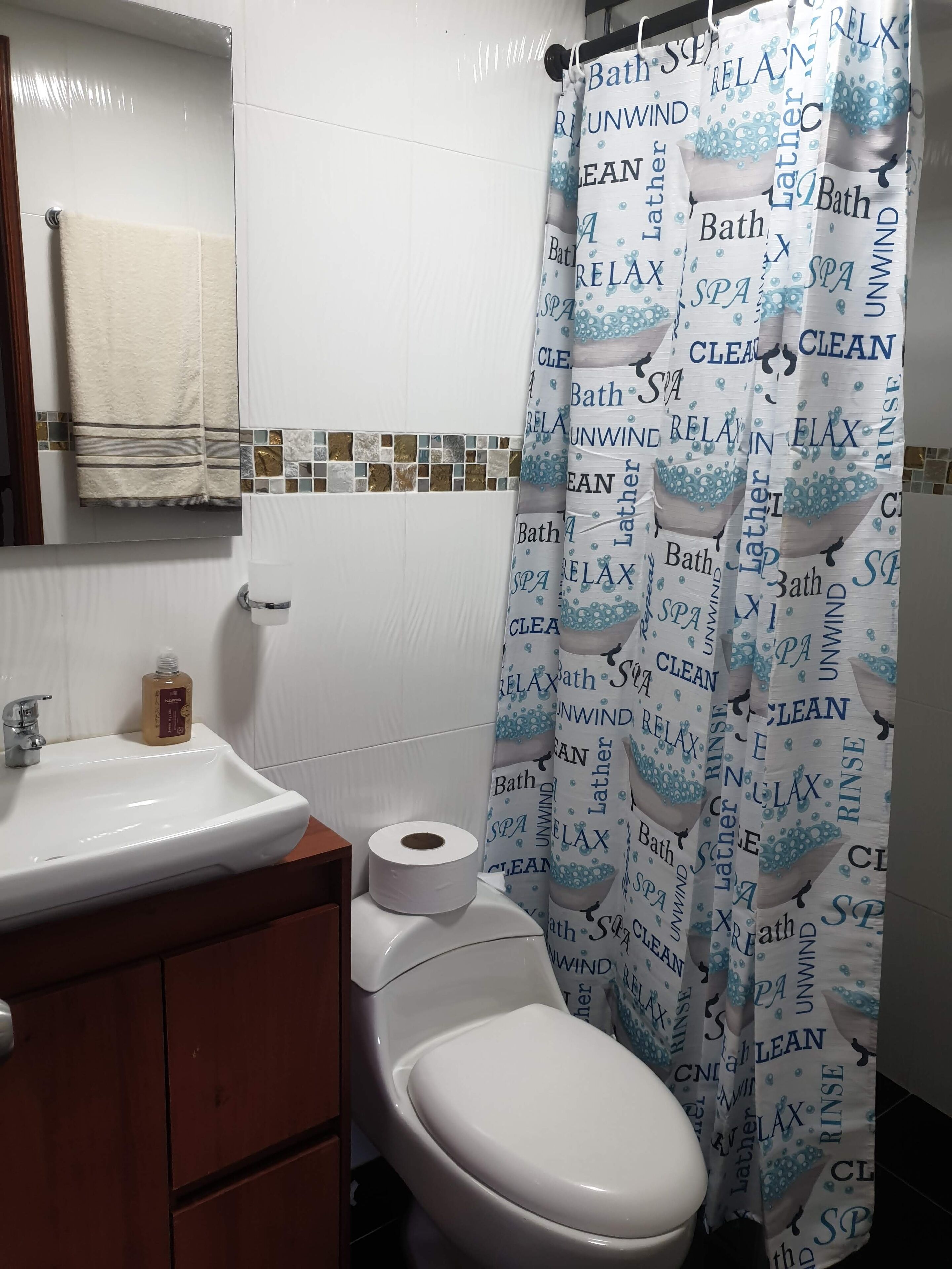 A bathroom with a white sink, a toilet, and a shower curtain with text.