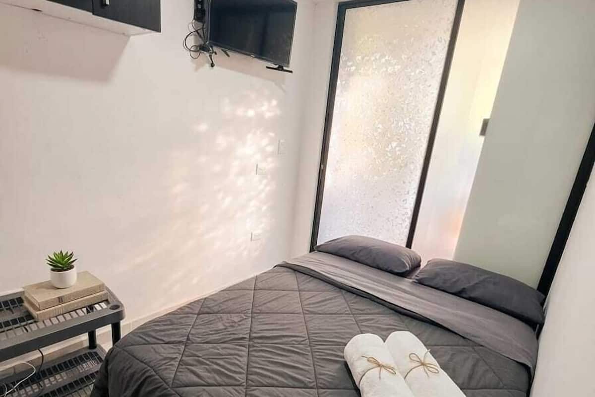 A modern bedroom with a bed, a small table with a plant, and a TV mounted on the wall.
