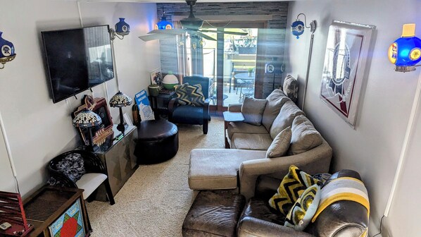 Smart TV, DVD player, books, music library