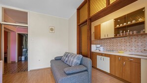Een gezellig, ruimtelijk ingerichte leefruimte met een bank, een kitchenette en een badkamer, zichtbaar door een open deur.