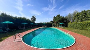 A rectangular swimming pool with a brick border, surrounded by lounge chairs and umbrellas.