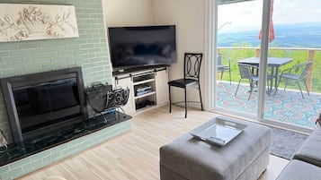 Smart TV, fireplace, books, music library