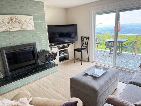 Smart TV, fireplace, books, music library