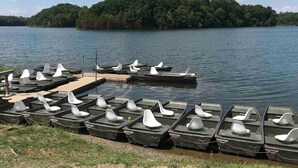 A lakeside dock with several small boats and a wooden pier. - Beau Ridge Cabin (Little Cabin with a big view) (Linden)
