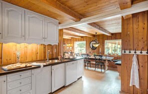 Fridge, stovetop, dishwasher, coffee/tea maker