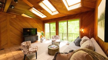 Smart TV, fireplace, ping pong, books