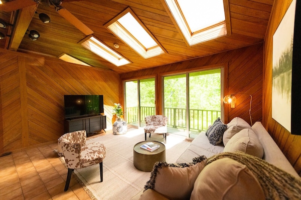 Smart TV, caminetto, tavolo da ping pong, libri