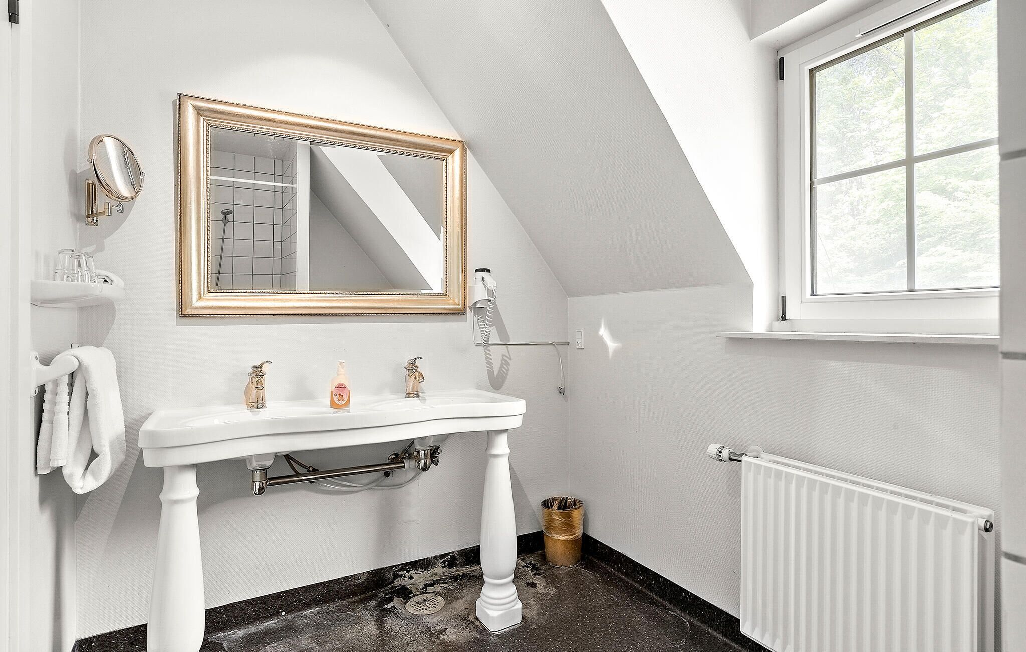 A bathroom with a white sink, a mirror with a gold frame, a towel rack, and a window with a view of trees.