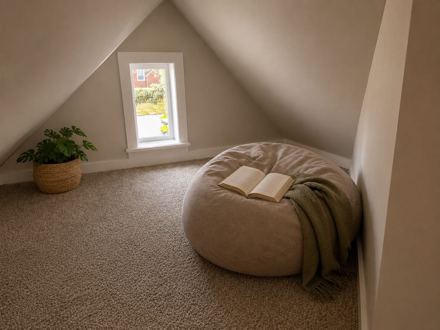 A cozy reading nook with a bean bag chair, a potted plant, and a window with a view of greenery.