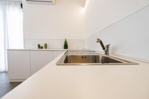 Fridge, oven, stovetop, cookware/dishes/utensils