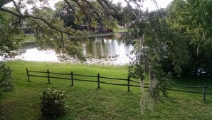 Un parc avec un étang, une clôture en bois et des arbres.
