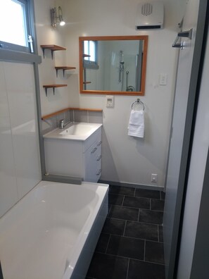 Hair dryer, towels, soap, shampoo