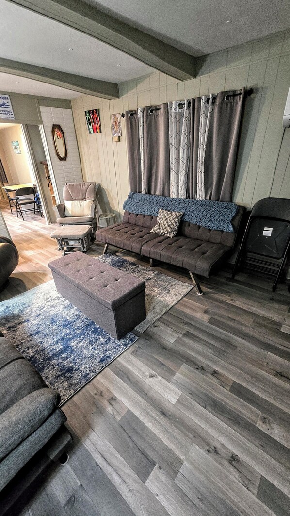 A living room with a sofa, ottoman, and chairs, a fireplace, and a rug. - Waterfront on Chassohwitzka river, 2/2, boat slip, floating dock, covered porch. (Homosassa)