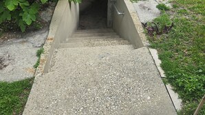 A concrete staircase leading to a wooden structure, surrounded by greenery. - Waterfront on Chassohwitzka river, 2/2, boat slip, floating dock, covered porch. (Homosassa)