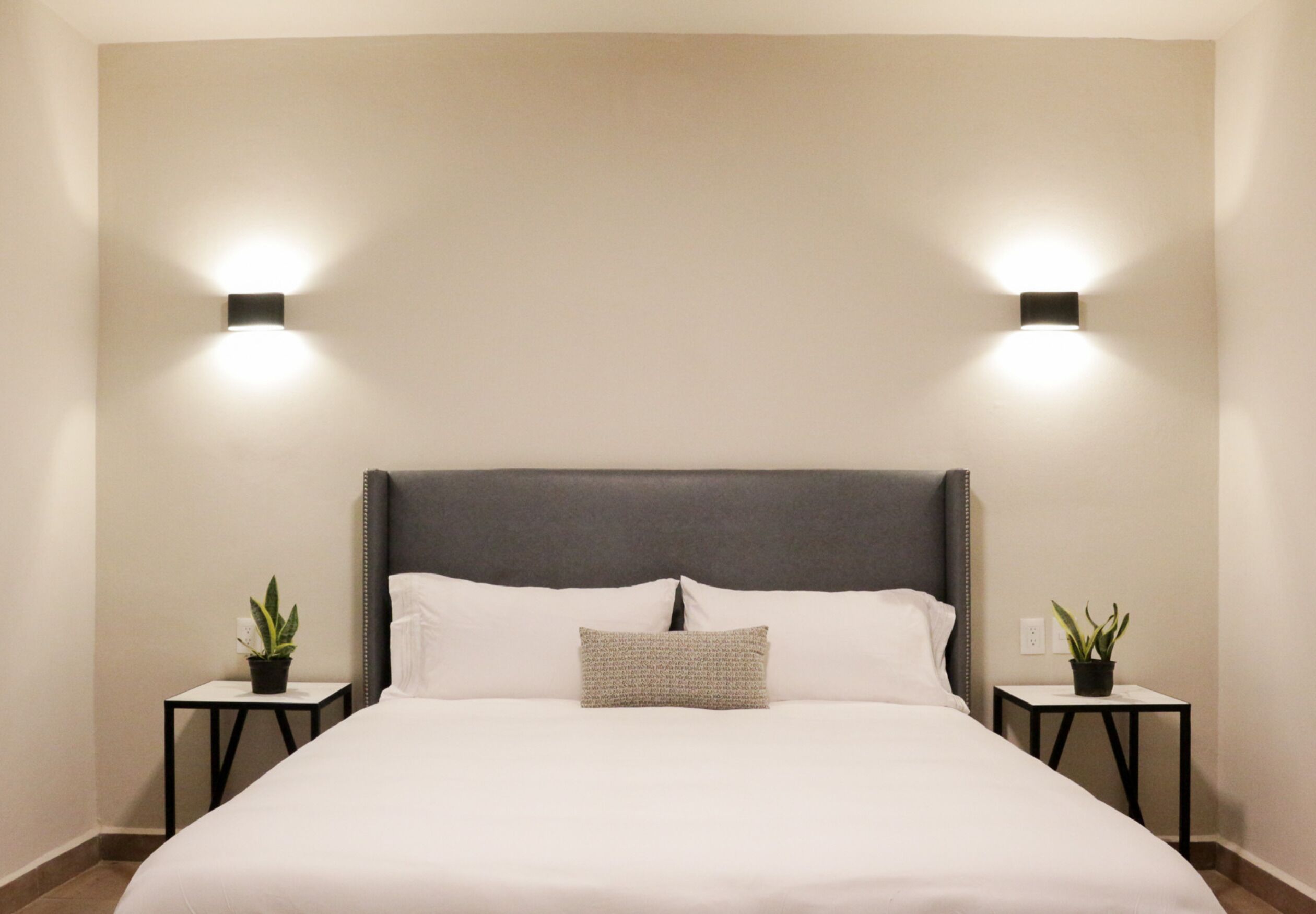 Una cama bien tendida con un cabecero gris, dos mesitas de noche con plantas en macetas, y luces fijadas a la pared.