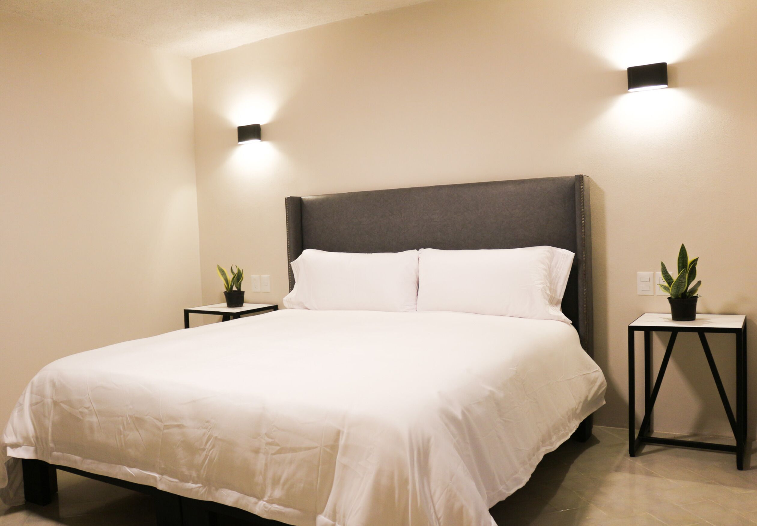 Una cama bien hecha con sábanas blancas, dos mesitas de noche con plantas en macetas e iluminación en la pared.