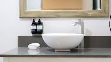 A bathroom with a white sink, a mirror, and two bottles of shampoo on the wall.