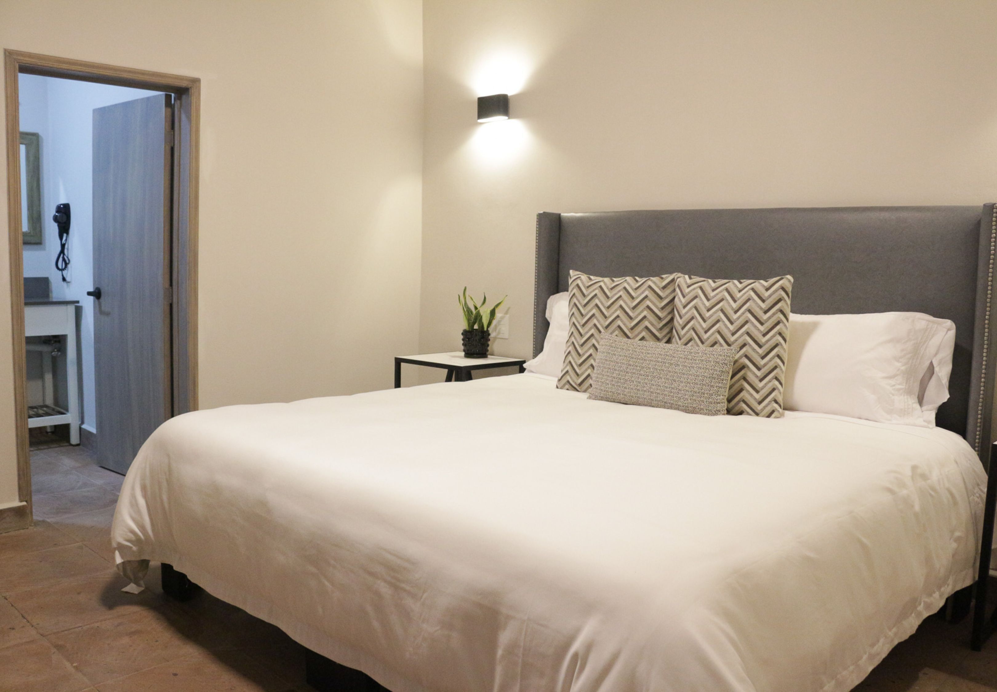 A neatly made bed with a grey headboard, a small bedside table with a plant, and a wall-mounted light fixture.