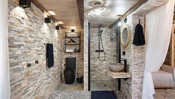 Shower, hair dryer, towels