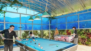 A pool table in a room with large windows and hanging plants. - Wind's House Ha Giang (Vi Xuyen)