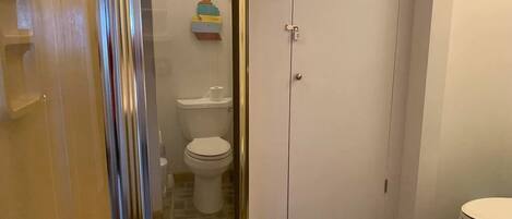 Un baño con cabina de ducha de vidrio, inodoro y un mueble con artículos de aseo.