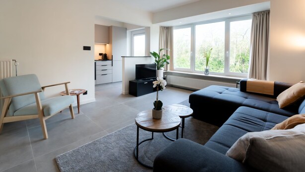 A modern living room with a sofa, a chair, a coffee table, and a TV. There is a kitchen area in the background with cabinets and a window. - 't Zout with balcony by Interhome (Bredene)