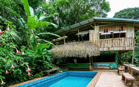 A swimming pool with a thatched roof structure and wooden deck furniture.