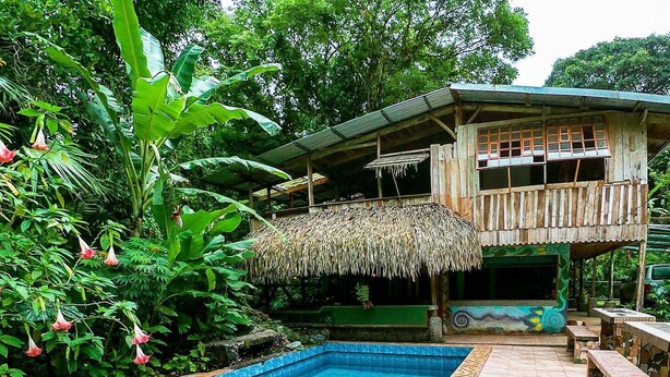 A swimming pool with a thatched roof structure and wooden deck furniture. - VerdEnergia  (Mercedes Sur)