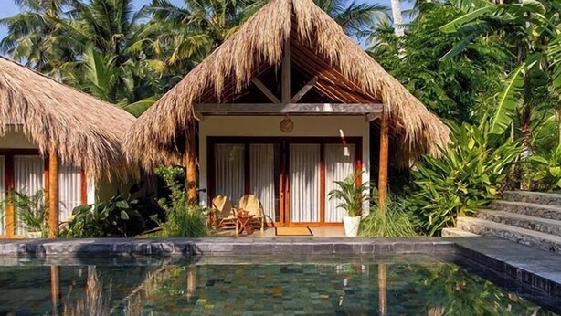 A pool area with a thatched-roof structure, a lounge chair, and a surfboard. - The Jungalows (Lunukalapuwa)