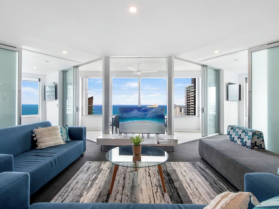 Family Apartment, 4 Bedrooms, Ocean View | Living area | Flat-screen TV