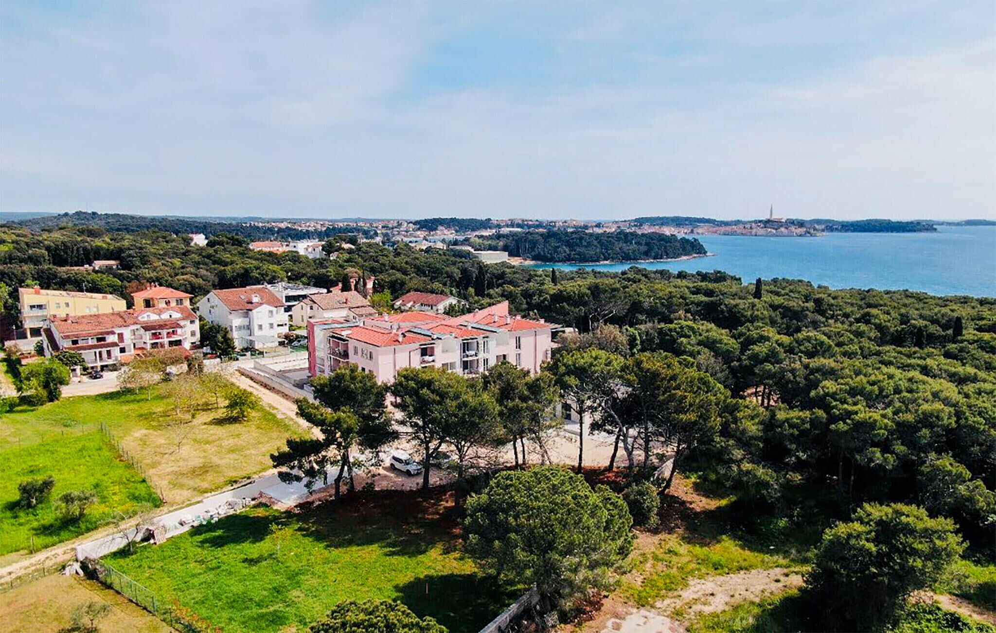 An aerial view of a coastal residential area with houses, a road, and a body of water.