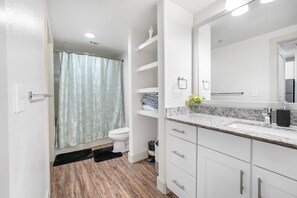 Hair dryer, towels, soap, toilet paper