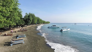 A beach with wooden lounge chairs and a row of trees along the shoreline. - Hidden Hotel Pemuteran (Pemuteran)