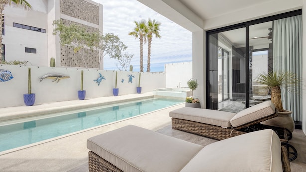 Un espace piscine extérieur moderne, doté de chaises longues, d’une piscine et de plantes décoratives.