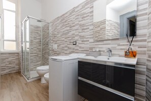 Shower, hair dryer, bidet, towels