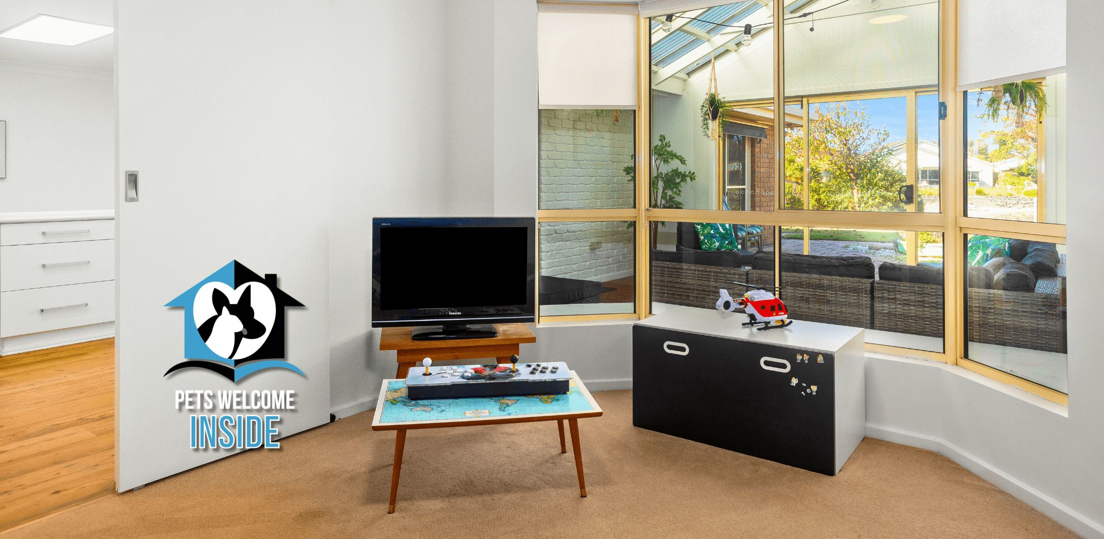 A pet-friendly room with a television, a small table with a globe, and a toy helicopter.