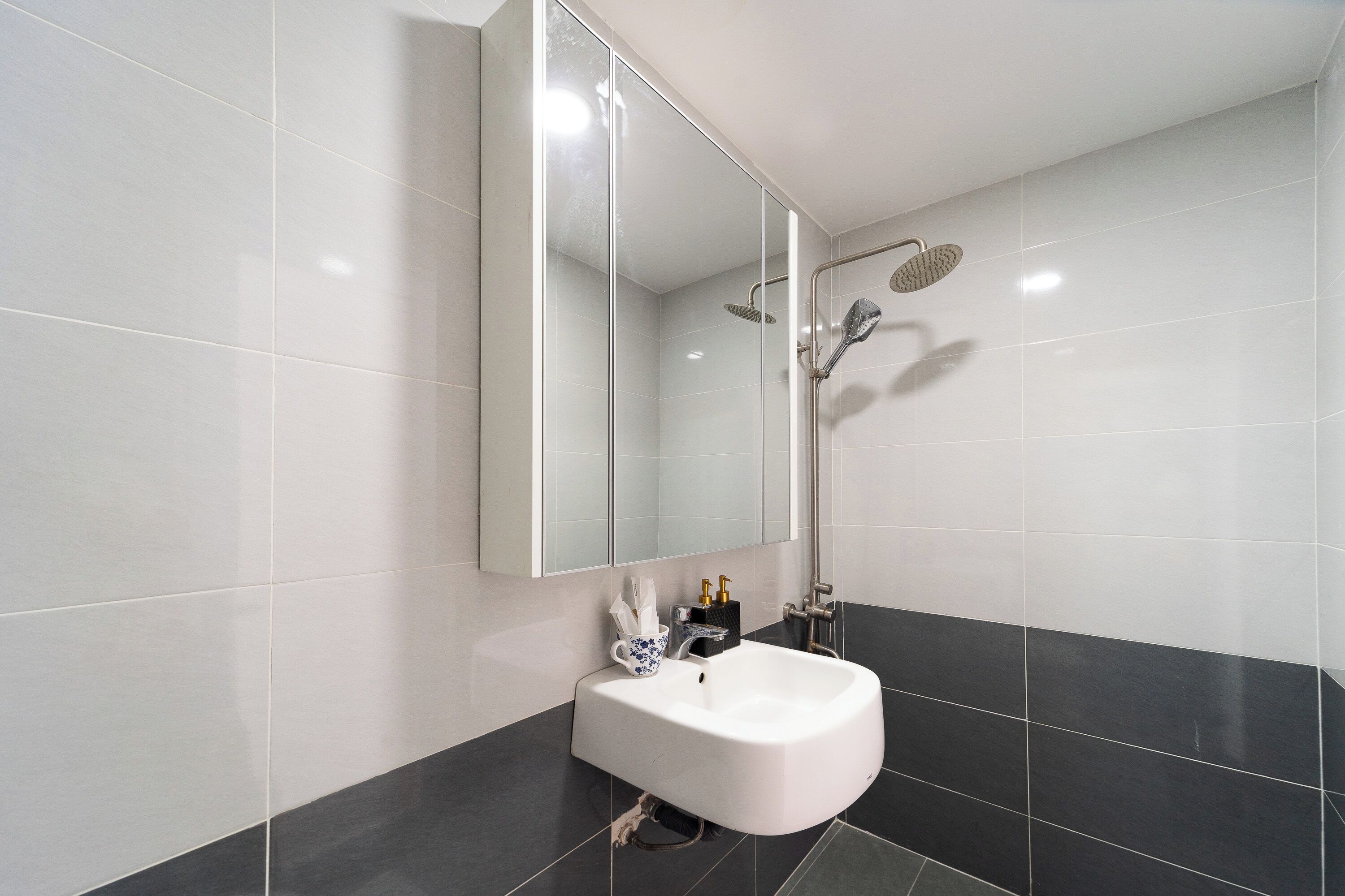 Une salle de bain moderne avec un lavabo blanc, un grand miroir et une douche équipée d’un pommeau de douche à main.