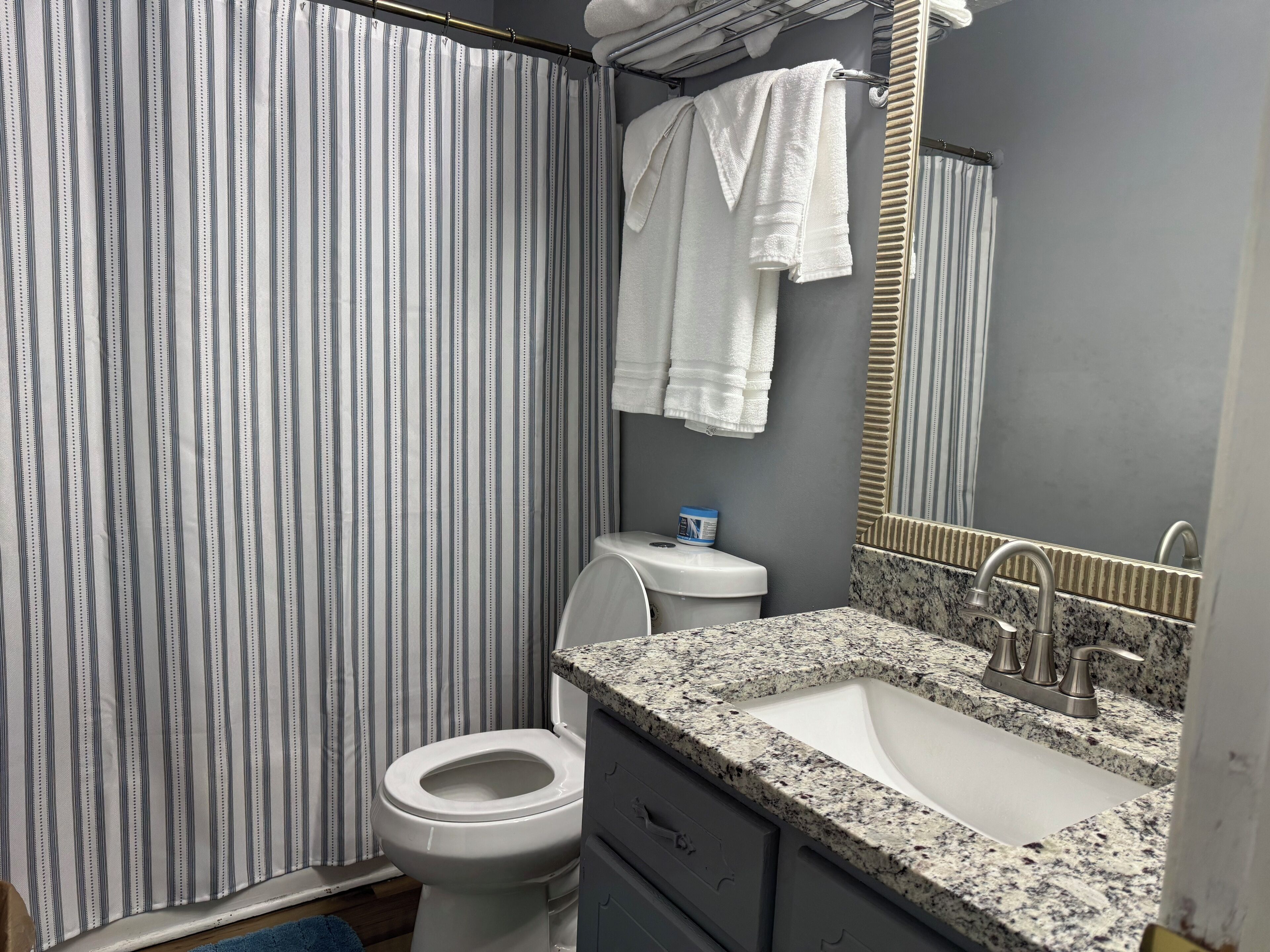 Un baño con cortina de ducha a rayas, inodoro, lavabo con encimera de granito y espejo.