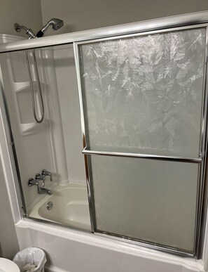 Shower, towels, soap, toilet paper