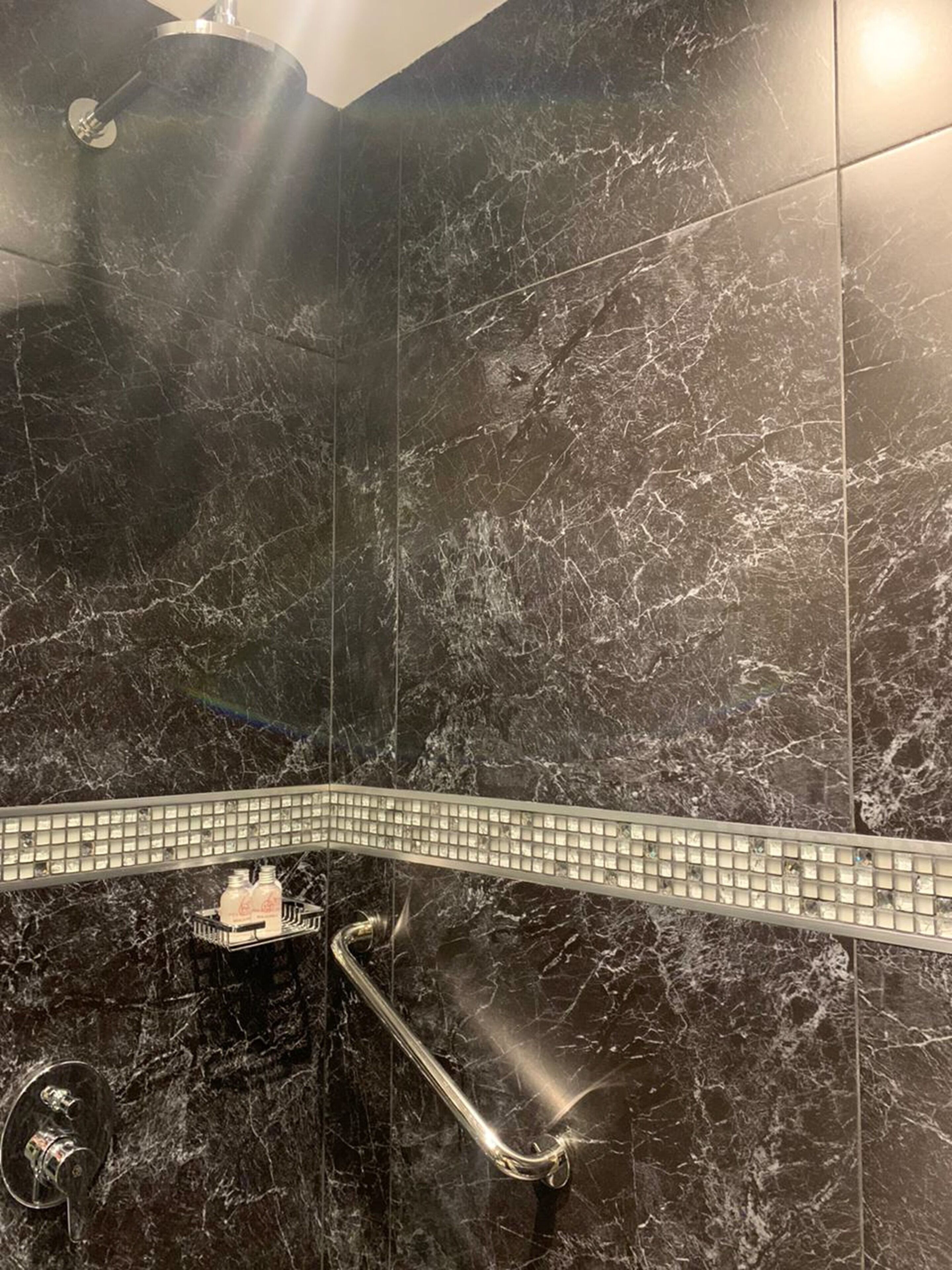 Un baño con pared de mármol negro, ducha con cabezal de ducha manual y un inodoro con mampara de vidrio.