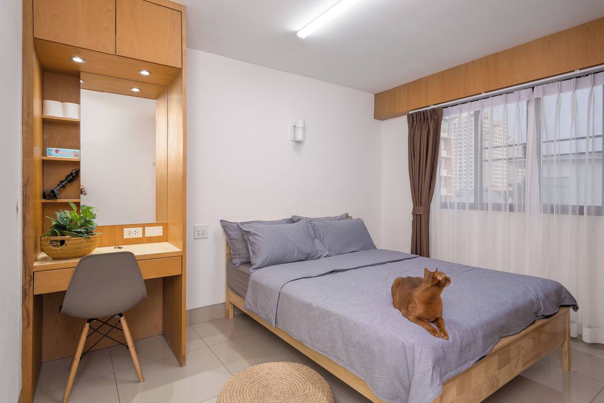 A bedroom with a bed, a desk, a chair, a potted plant, and a cat.